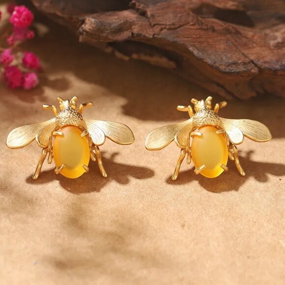 Bee Bug Earrings Pierced Yellow Cabochons Gold Tone Chandelier New - Picture 5 of 5